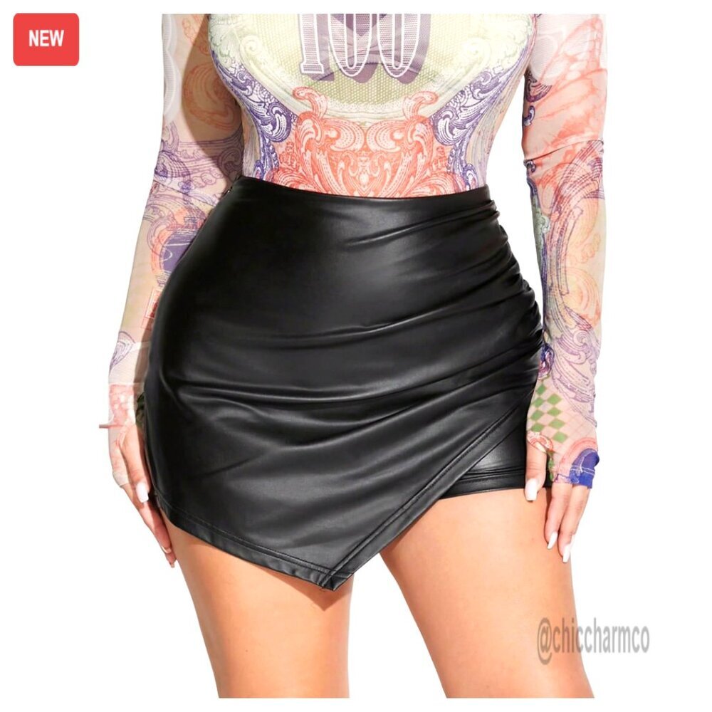 Plus Size PU Leather Asymmetrical Skort High Waisted Ruched Skirt Shorts
